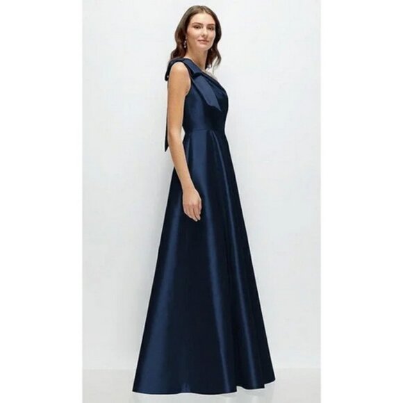 Alfred Sung Midnight Blue One-Shoulder Bow A-Line Gown D875 - Picture 2 of 2
